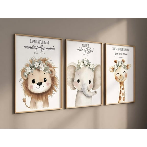 UNFFRAMED Bible Verse Animal Wall Art, Lion Elephant Giraffe Nursery Prints With Flowers, Christian Baby Room Decor, Woodland Scripture Set #220 Set 3 Prints 8x12