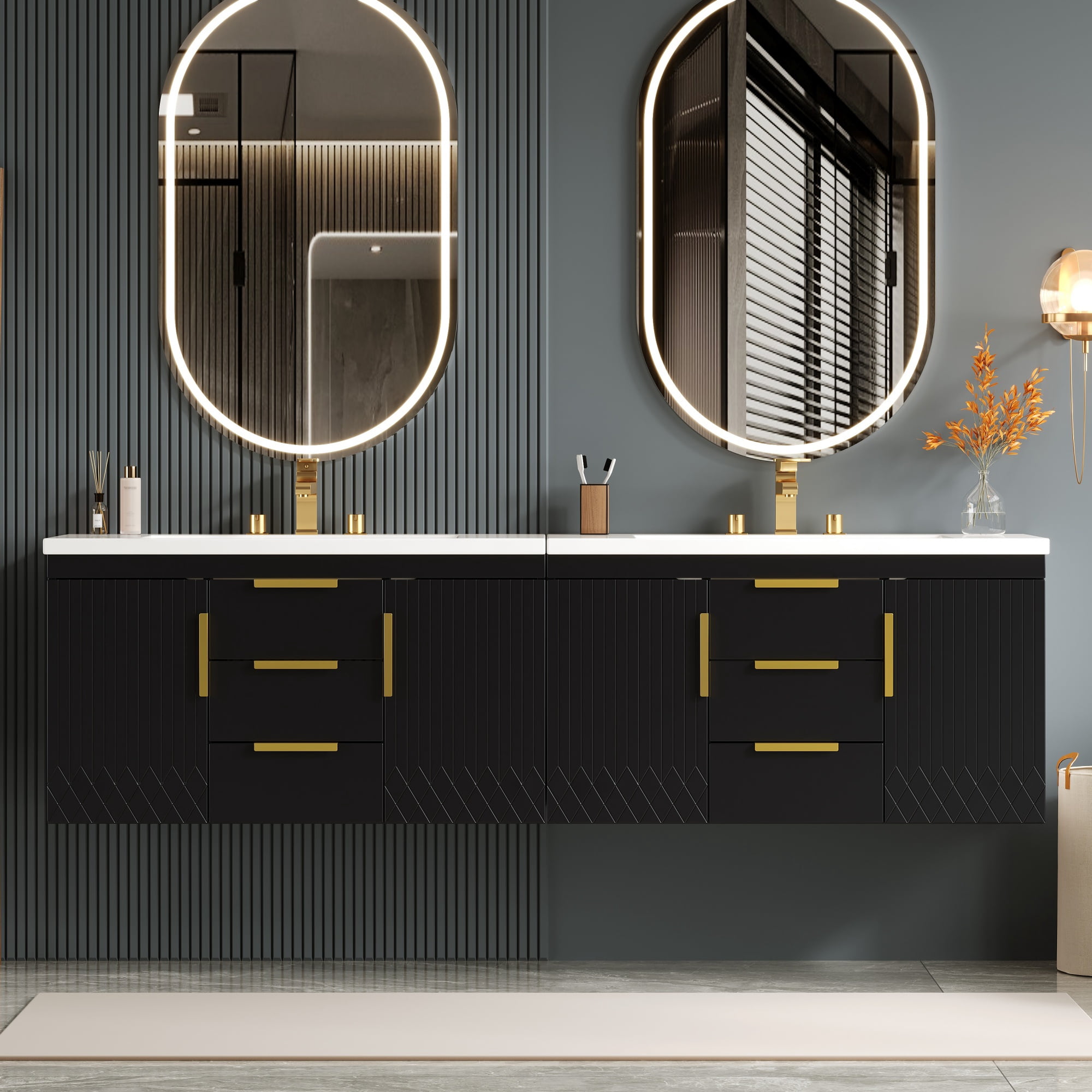 Euroco 72'' Wall Mounted Bathroom Vanity, Floating Bathroom Storage Cabinet with 2 Drawers, Solid Wood Bathroom Cabinet