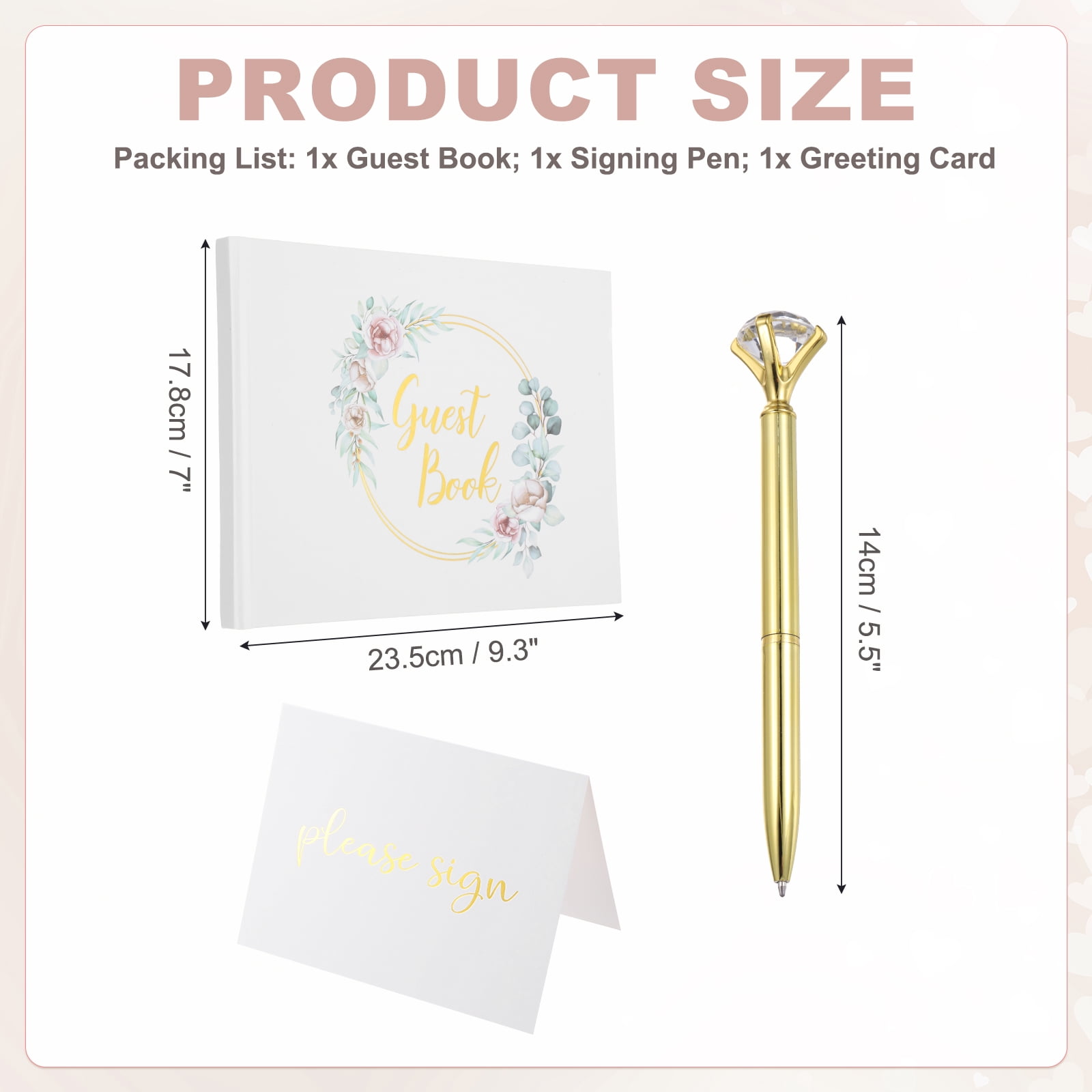 Uxcell Guest Book, 9.3x7" Elegant Wedding Guestbook Flower Wreath Cover Memory Book with Diamond Signing Pen and Greeting Card for Wedding Bridal Shower Birthday Party Events, Gold Tone