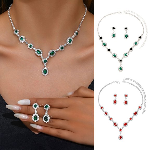 SmartBy 1 Set Wedding Necklace And Earrings Women Retro Rhinestone Jewelry Set Faux Gem Necklace Earrings Valentine's Day Gift for Wife Her