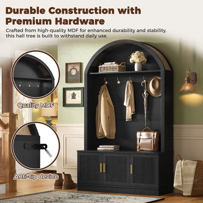 Farmhouse Hall Tree with Arched Top, Mid-Century Fluted Door Entryway Bench with Storage Cabinets & Adjustable Shelves, Coat Rack with 5 Metal Hooks for Hallway