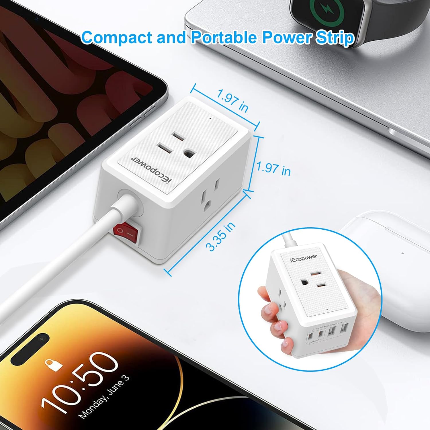 10FT Long Surge Protector -with 3 Widely Outlets and 4 USB Ports(2 USB-C Port,PD20W Fast Charging),10 Foot Extension Cord(1250W/10A),Wall Mount for Home Office,900 J,White(2 Pack)