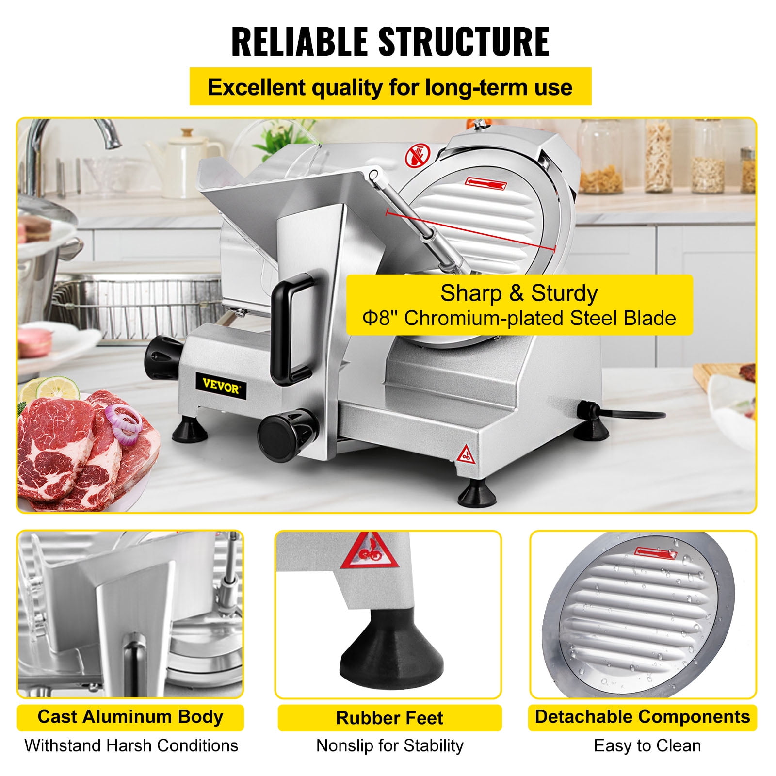 VEVOR Meat Slicer, 200 W Electric Deli Food Slicer, 350-400 rpm Commercial Meat Slicer with 8'' Chromium-plated Steel Blade, 0-12 mm Adjustable Thickness Food Slicer Machined