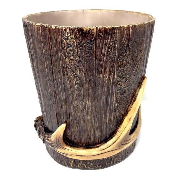 BestGiftEver Faux Antler and Wood-Style Polyresin Wastebasket, Rustic Lodge Trash Bin, 8.5 x 9.5 Inches