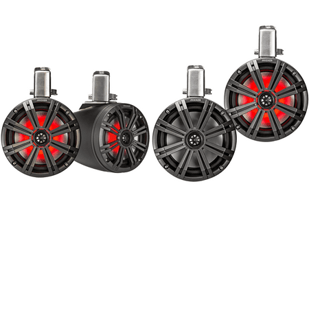 Kicker 45KMTC8 Loaded Marine Enclosures 4-Pack w/ 300W 45KM84L 8" Boat Tower Speakers. UV Resistant & Marinized, 300 W Max / 150 W RMS 4 Ohm Waketower Speakers, Charcoal Black Cans, LED Lighting