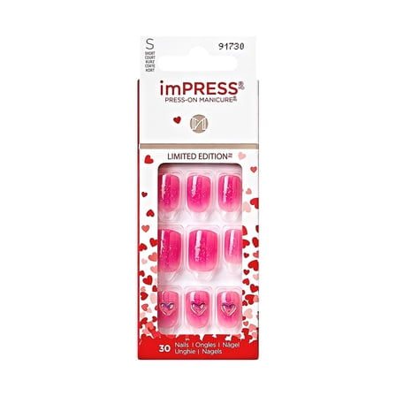 imPRESS Valentine Press-On Nails, No Glue Needed, Pink, Short Square, 33 Ct.