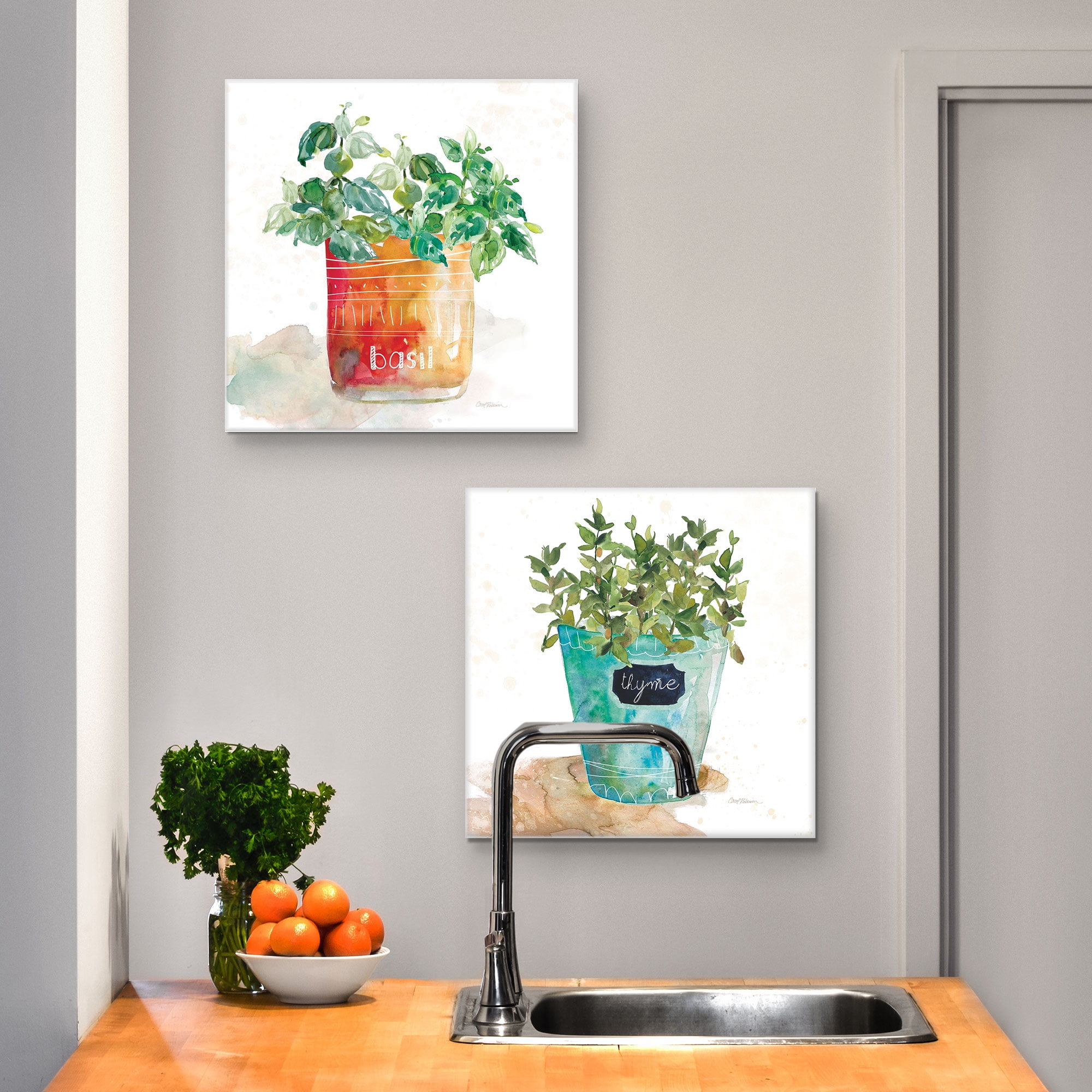 Masterpiece Art Gallery Potted Basil Bay Leaf Rosemary Thyme Herbs By Carol Robinson Canvas Art Print Set Of 4 (12" x 12")