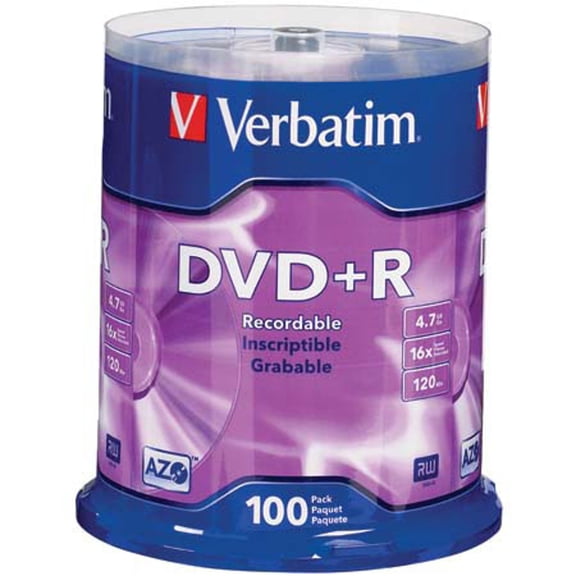 Verbatim 95098 120 Min 4.7 GB 16X DVD-R Recordable Disks Spindle, 100 Pack
