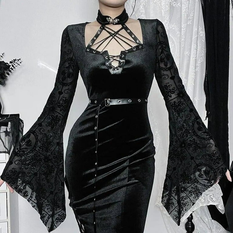 sachin and babi light blue dress Goth Bandage Gothic Witch Elegant Dresses Grunge Aesthetic Sexy Split  Evening Midi Dress Women Velvet Alt Party Outfit