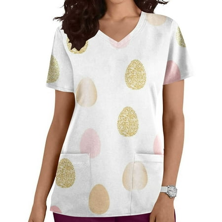 

LSLJS Nursing Scrubs Top for Women Easter Egg Bunny Print Working Uniform Short Sleeve V Neck Workwear Blouse T-shirt with Pockets on Clearance