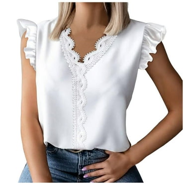 OJSFQUFP Women Summer Clothes White Women's Lightweight Blouse Daily Lact Patchwork Daily Elegant V Neck Regular Fit Tops Vest Tanks S