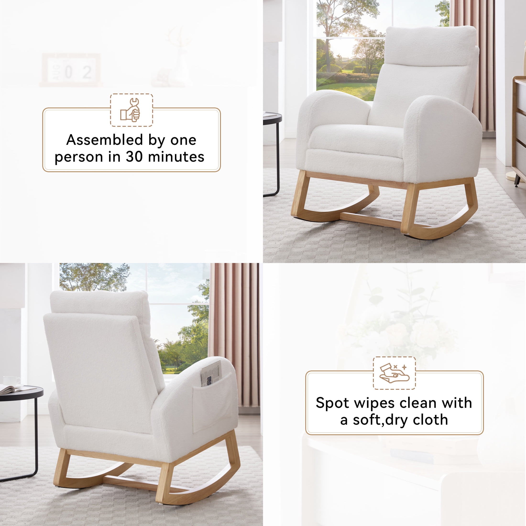 Noble House Arlais Teddy Nursery Rocking Chair with Adjustable Footrest, Comfortable Accent Glider Daybed, White