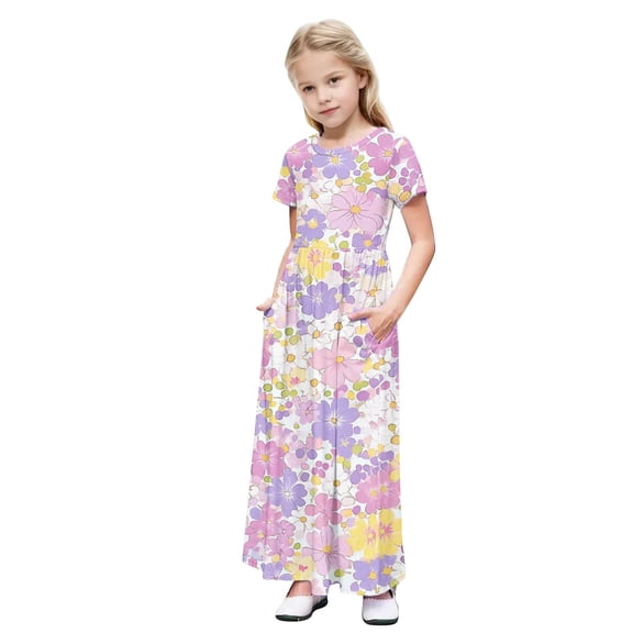 Abtuhar Girls 4 to 14 Years Summer Short Sleeve Round Neck Floral Print Maxi Dress with Side Pockets and Waist Pleated Detail