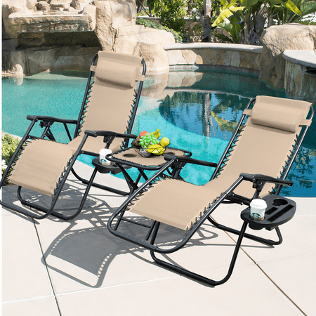 Lacoo Zero Gravity Chair Set with Table and Cup Holders Adjustable Lounge Chair for Poolside, Yard and Patio,Beige