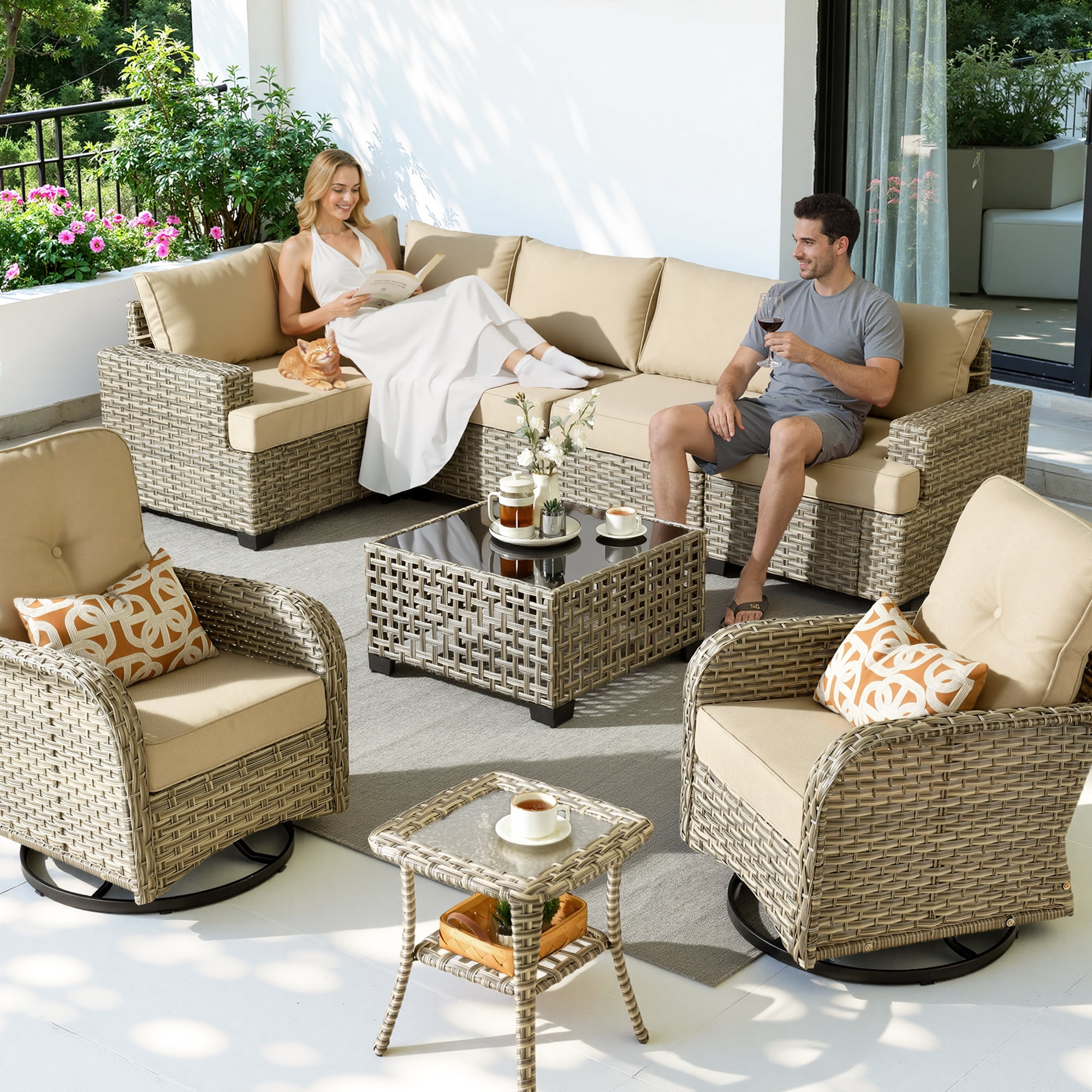 Toject 9 Pieces Patio Furniture Set Outside Furniture Wicker Patio Conversation Set with Swivel Chairs, Outdoor Furniture for Garden, Beige