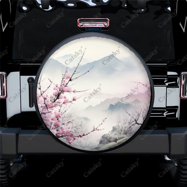 Mountain with Blossom Pattern Polyester Universal Spare Wheel Tire Cover Wheel Covers for Trailer RV SUV Truck Camper