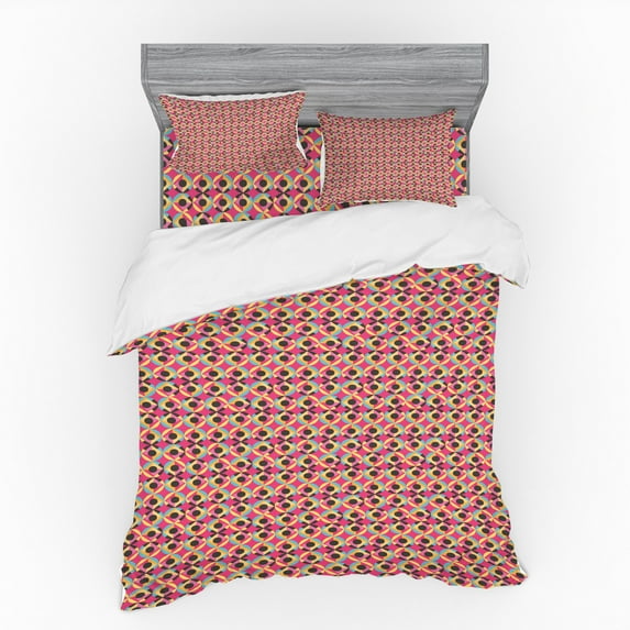 Ambesonne Geometric Bedding Set 4 Pcs, Vivid Rounds and Squares, Queen, Pastel Pink Multicolor
