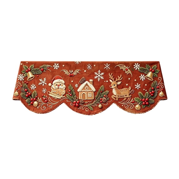 Mantel Decor Embroidered Christmas Mantel Scarf Gingerbread Design Scalloped Cloth for Indoor Fireplace Holiday Season Home Party Decoration