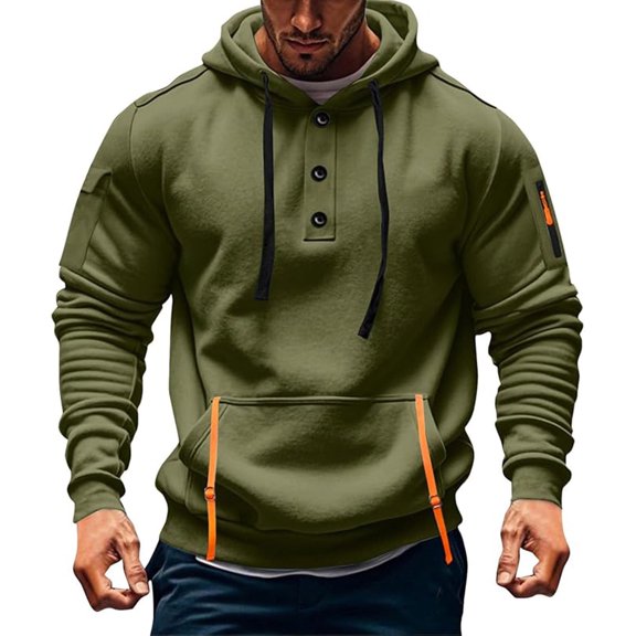 GUZOM Men’s Hoodie,Henley Neck with 3 Buttons,Drawstring Hood & Kangaroo Pocket,Army Green,Size M,Soft Breathable Casual Athletic Piece