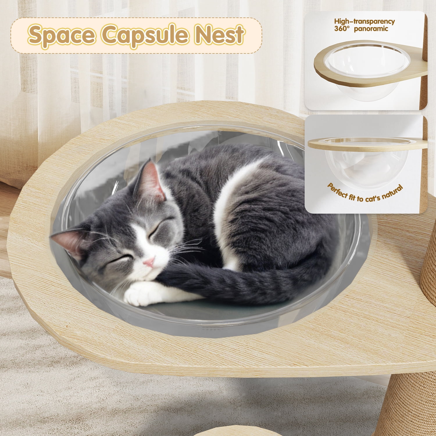 Erinnyees Floor to Ceiling Cat Tree Adjustable 86-106", 6-Level Wood Cat Tower with Scratching Post, Plush Hammock, Transparent Capsule & Perches for Indoor Cats, Space-Saving Cat Furniture