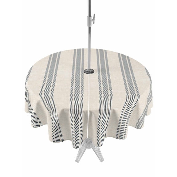 Outdoor Table Cloth with Umbrella Hole and Zipper, Blue Striped Waterproof Round Tablecloth 54 Inch, Modern Farmhouse Stripes Rustic Washable Table Cover for Outside Party Patio Picnic