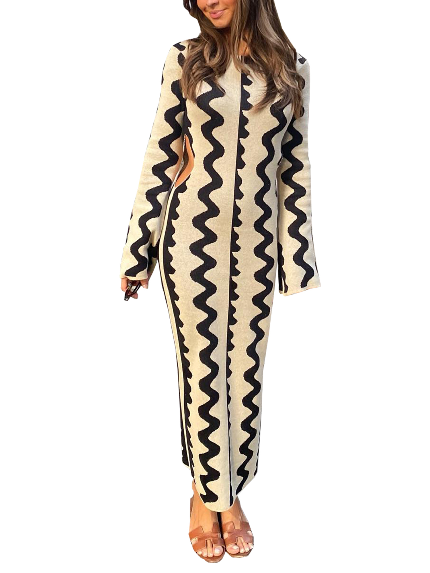 TheFound Women's Casual Wave Pattern Knit Dress Elegant Cutout Long ...