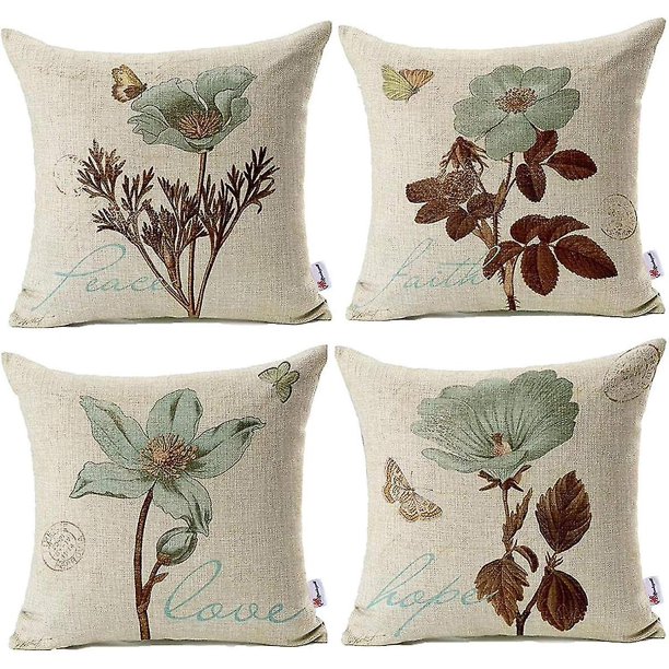Paquete de 4 fundas de almohada de 18.0 x 18.0 in, funda de almohada decorativa de lino floral para sala de estar, dormitorio, sofá, silla, cama, fundas de almohada para el hogar y