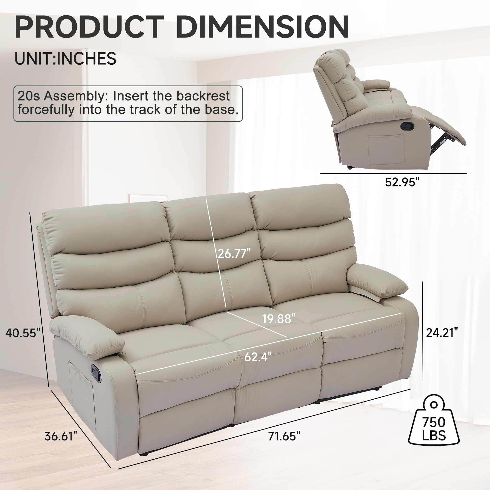 Beige 3-Seater Loveseat Recliner Sofa, Small Sofa Couch, PU Leather Reclining Sofa 3-Seater Manual Double Seater Recliner with Side Pockets