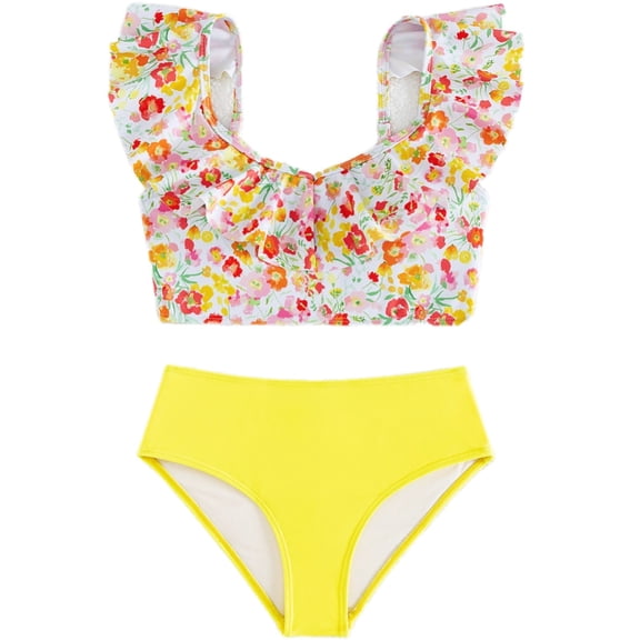 LNMQLPDBS Swimsuits for Kids Girls 2 Piece Bikini Set Ruffle Trim Sleeveless Bathing Suit Pretty Flower Printed Tankini Sets Girls' Swimwear for 8-12 Years Trendy Beachwear for Summer Vacation