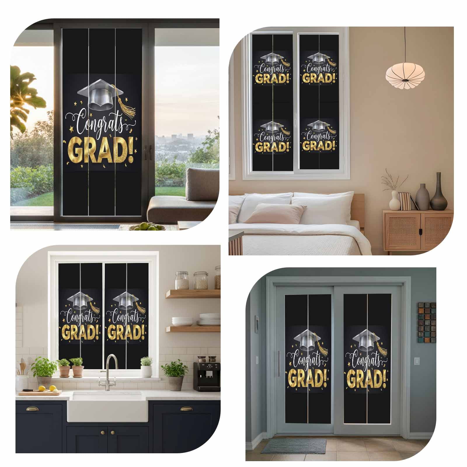 Graduate Season Window Privacy Film, Congrats Grad Bachelor's Cap Celebration Black Frosted Glass Window Clings Static Cling UV Heat Blocking Reusable Door Sticker for Bathroom 23.6 x 59 Inch