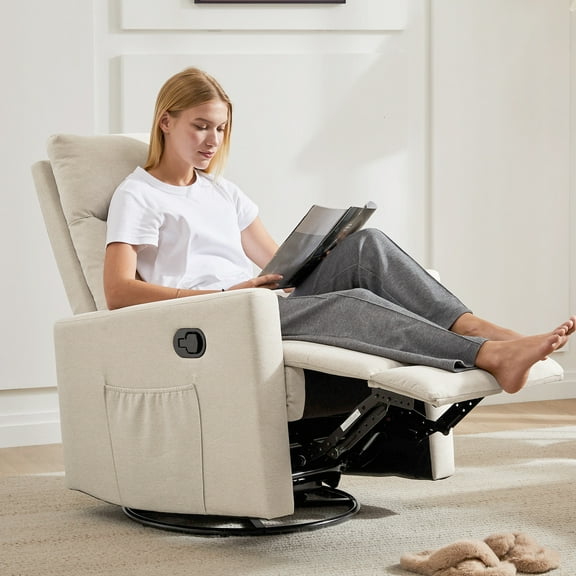 JOINSUN Cozy Swivel Nursery Chair – Silent Gliding Recliner with Footrest, Ideal for Feeding, Cuddling & Napping, Beige