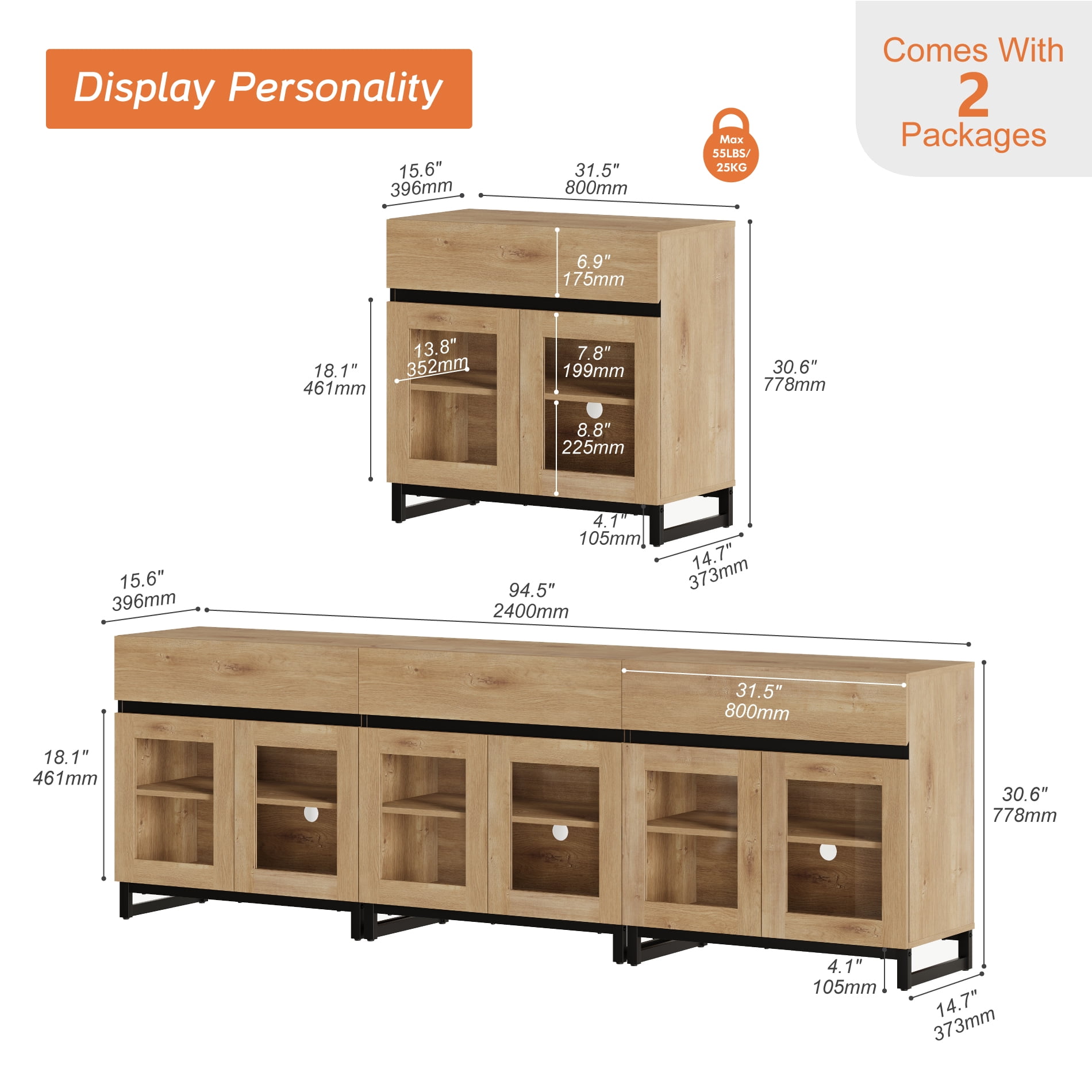 WAMPAT 94.5" Multifunctional Modern Sideboard Buffet Cabinet with 6 Glass Doors & 3 Drawers, Credenza & Coffee Bar Storage Cabinet for Living Room & Kitchen
