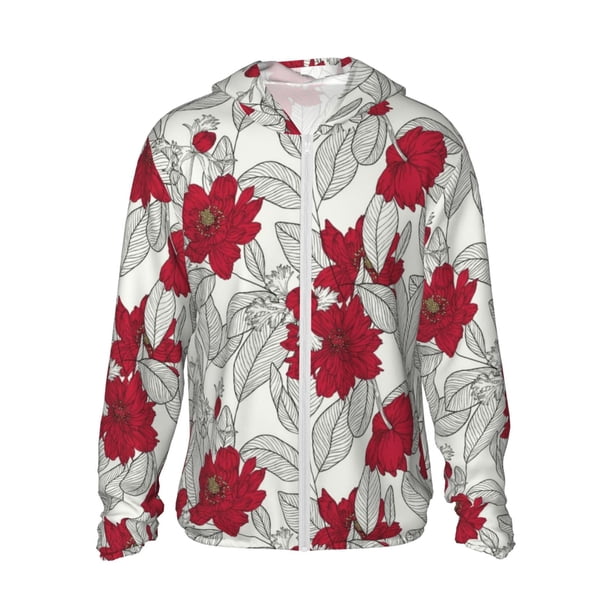 Balery Leaves And Anemone Flowers In Red Grey Sudadera ligera de manga larga con capucha y protección solar UPF 50+ para hombre y mujer, ideal para pesca y running-Small