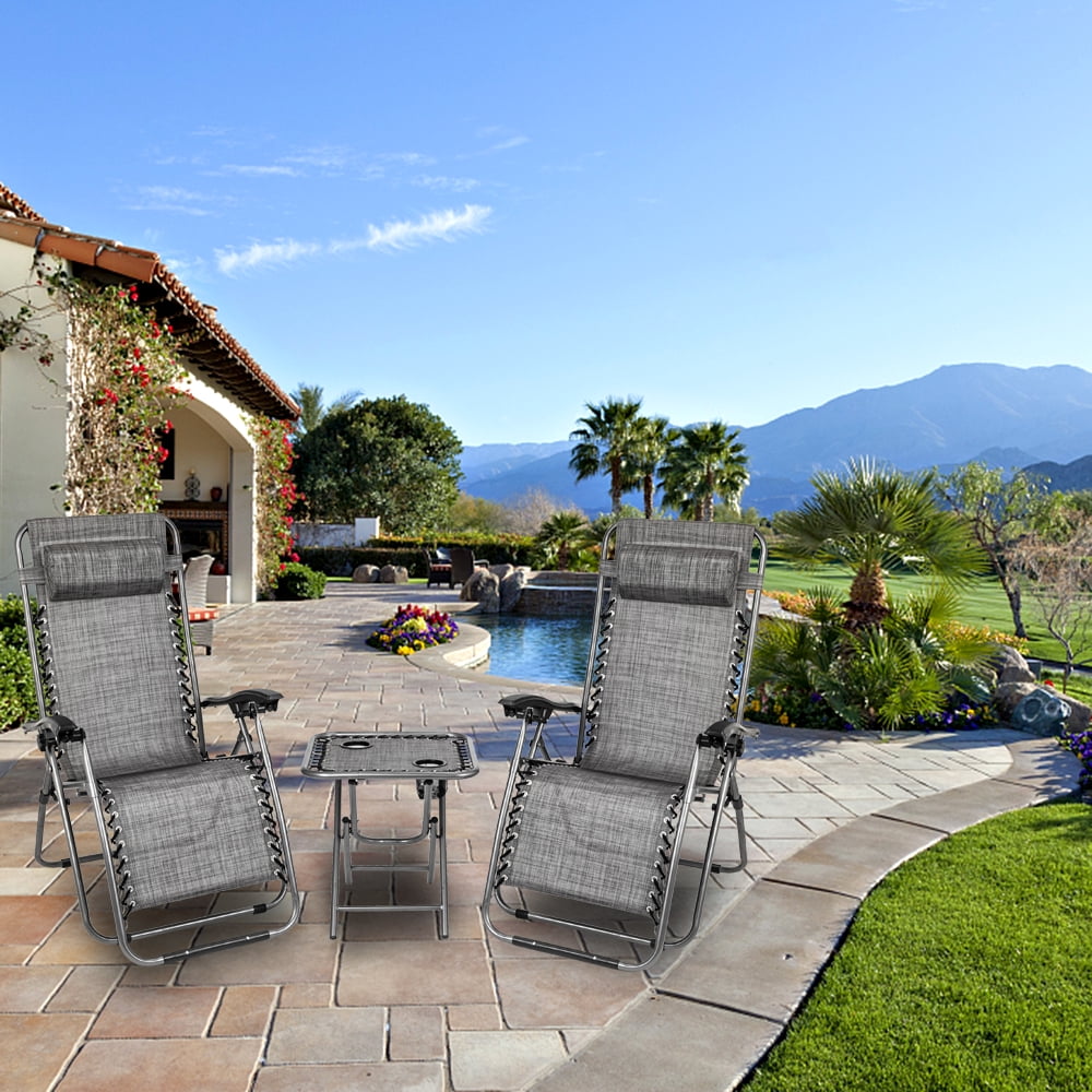 Kepooman 2Pcs Zero Gravity Chair Lounge Chair Table Set, Portable Folding Chairs for Sun Bath, Lawn & Patio Chair, Folding Beach Chair with Detachable Cup Holder, Gray