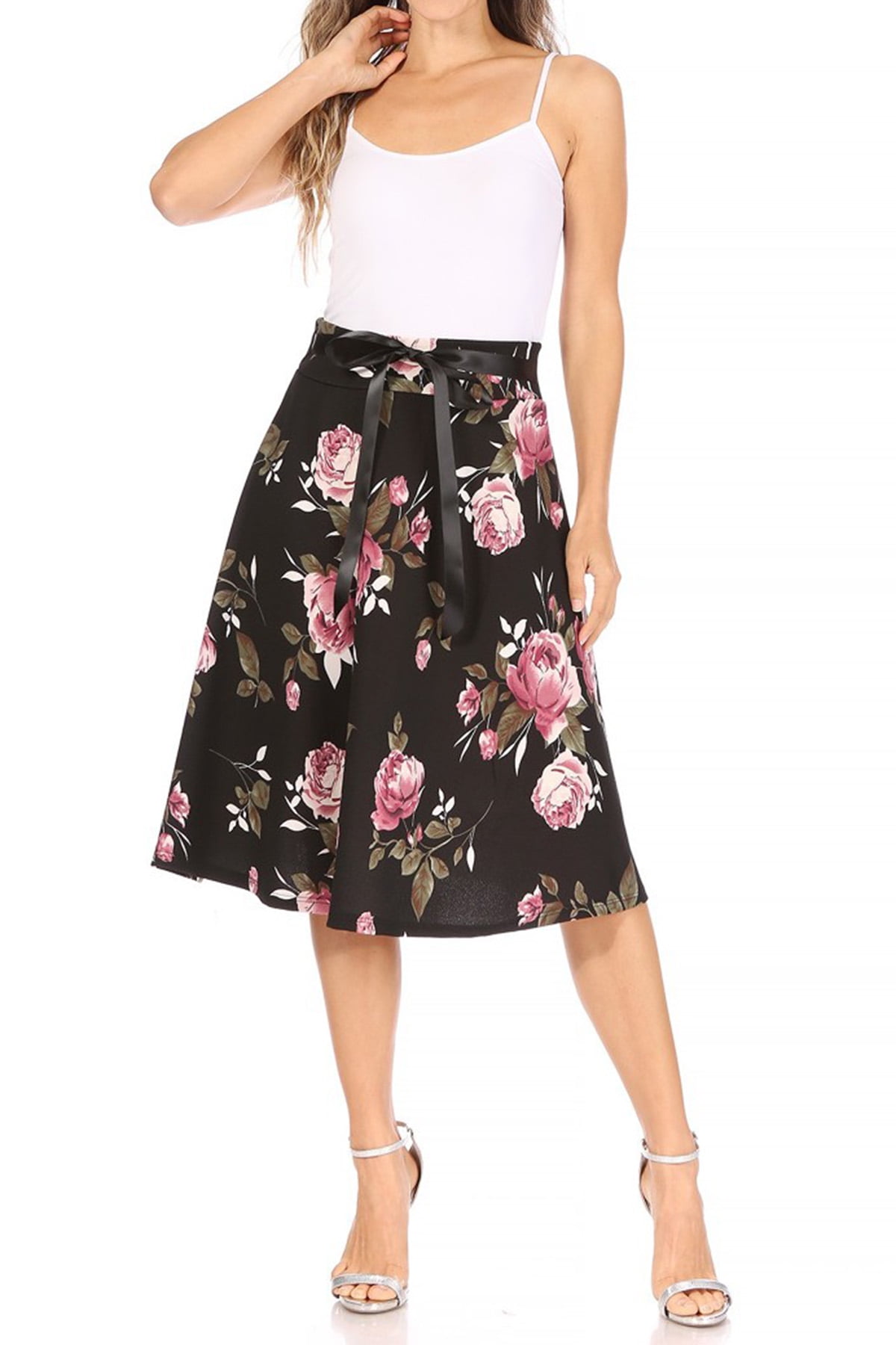 Women's Casual Floral Printed A Line Ribbon Belted Knee Length Midi Skirt