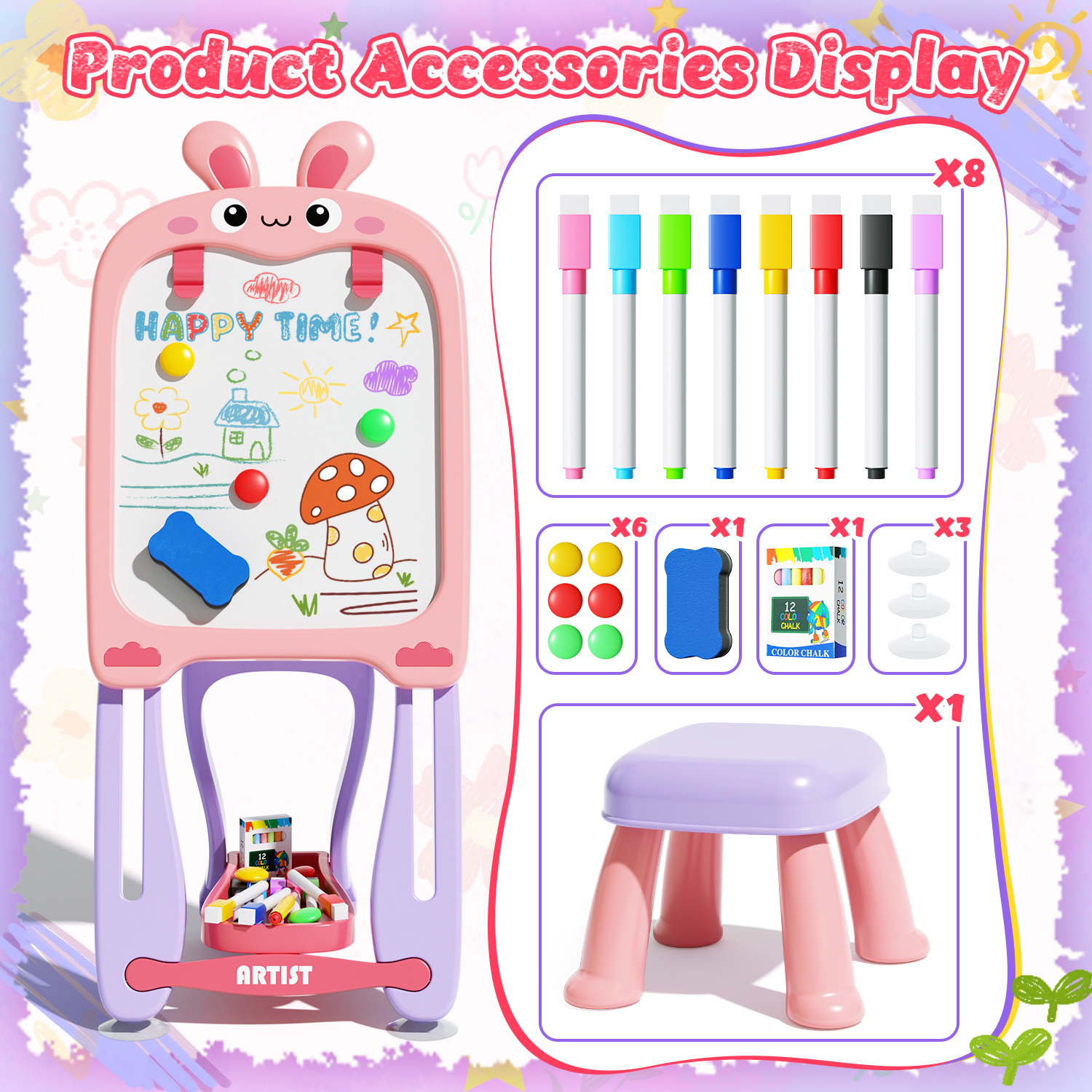 WonderStone 4-in-1 Kids Table and Chairs Adjustable Easel Toy for Ages 2-4, Flippable Sided Magnetic Drawing Board with Storage, Gift for Toddlers