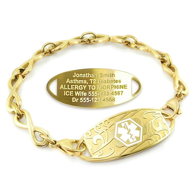 MedicEngraved Yellow Gold Stainless Steel Custom Medical Alert Bracelet - 6mm Infinity Link