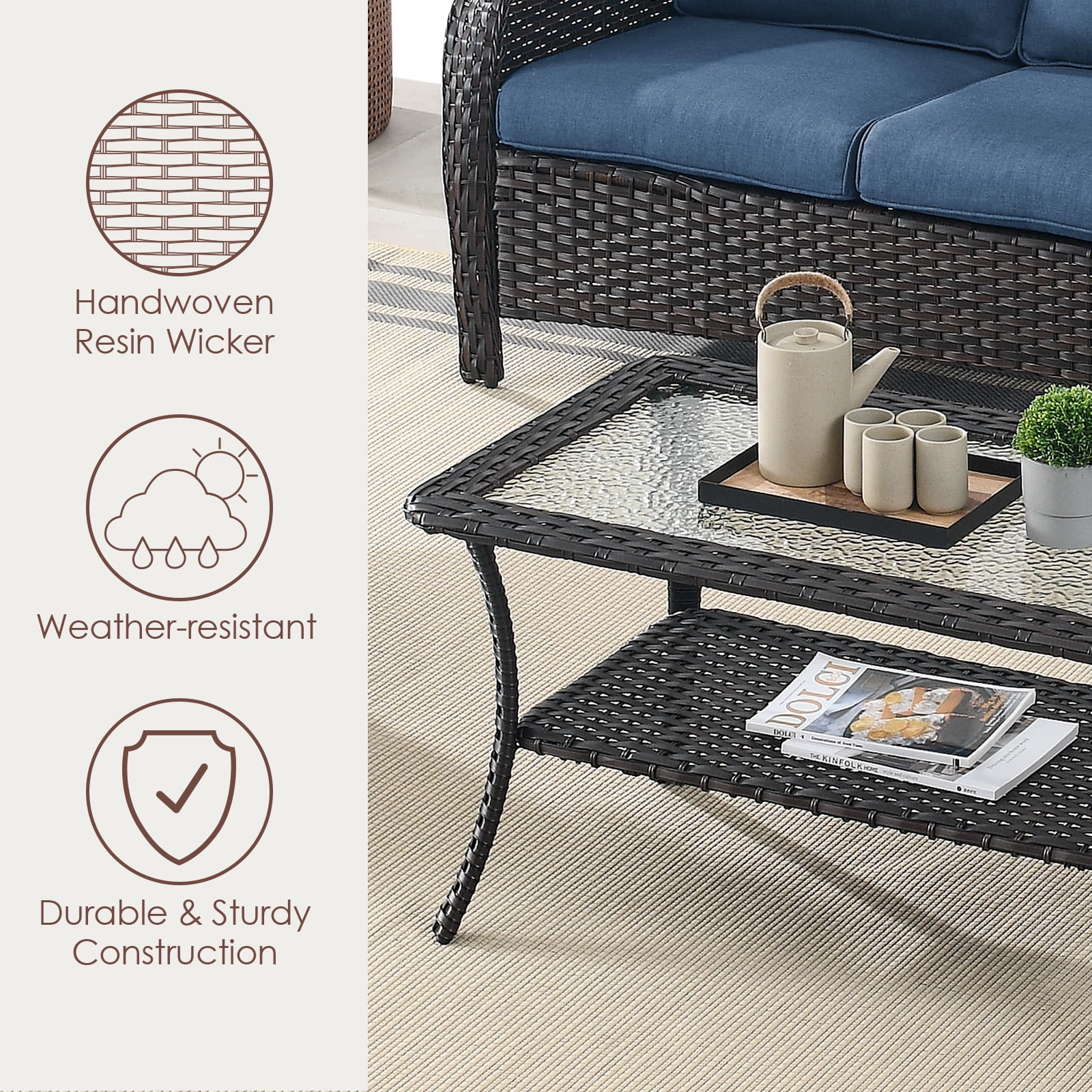 Gymojoy 40 Inches Patio Wicker Rattan Coffee Table, Outdoor Furniture Rectangle Tempered Glass Top Side Table with Storage, Brown