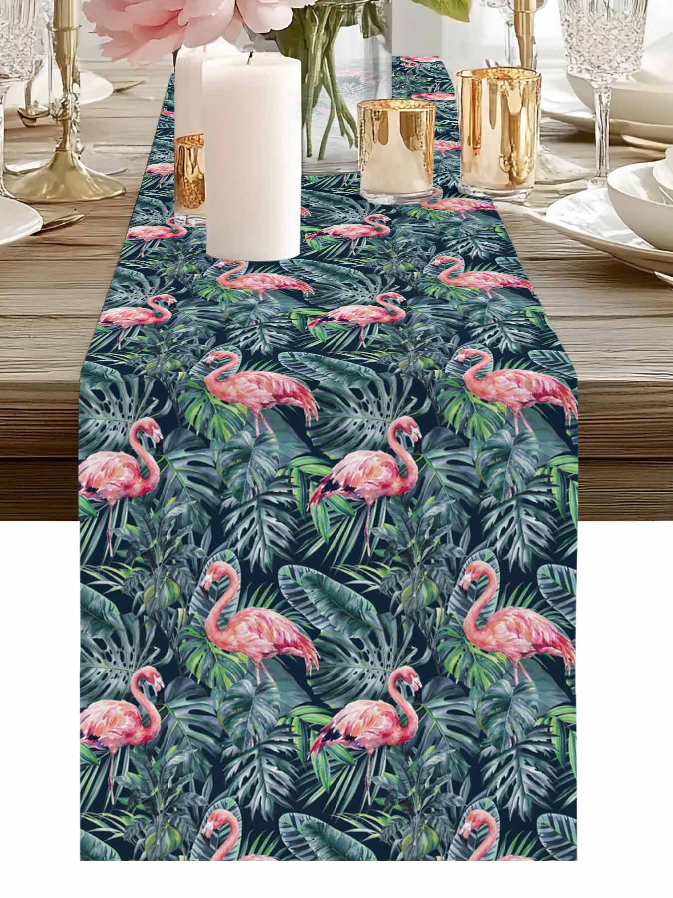 Pink Flamingo Table Runner, Country Tropical Animal Green Monstera Plant Farmhouse Washable Cotton-linen Table Runners Dining Kitchen Decoration for Everyday Home Wedding Party Decor, 13 x 108 Inch