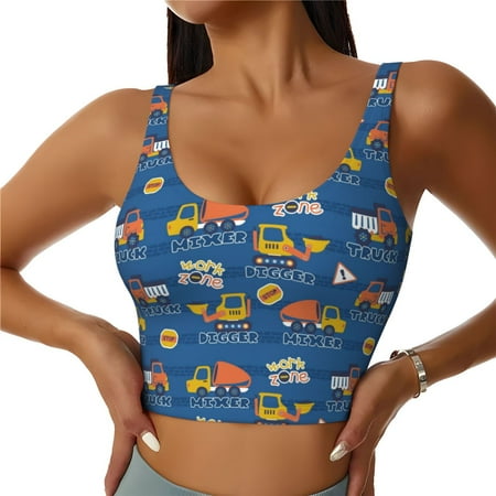 Jgfou Construction Vehicles Print Womens Sports Bra - Padded Workout Sports Bras Crop Tank Top