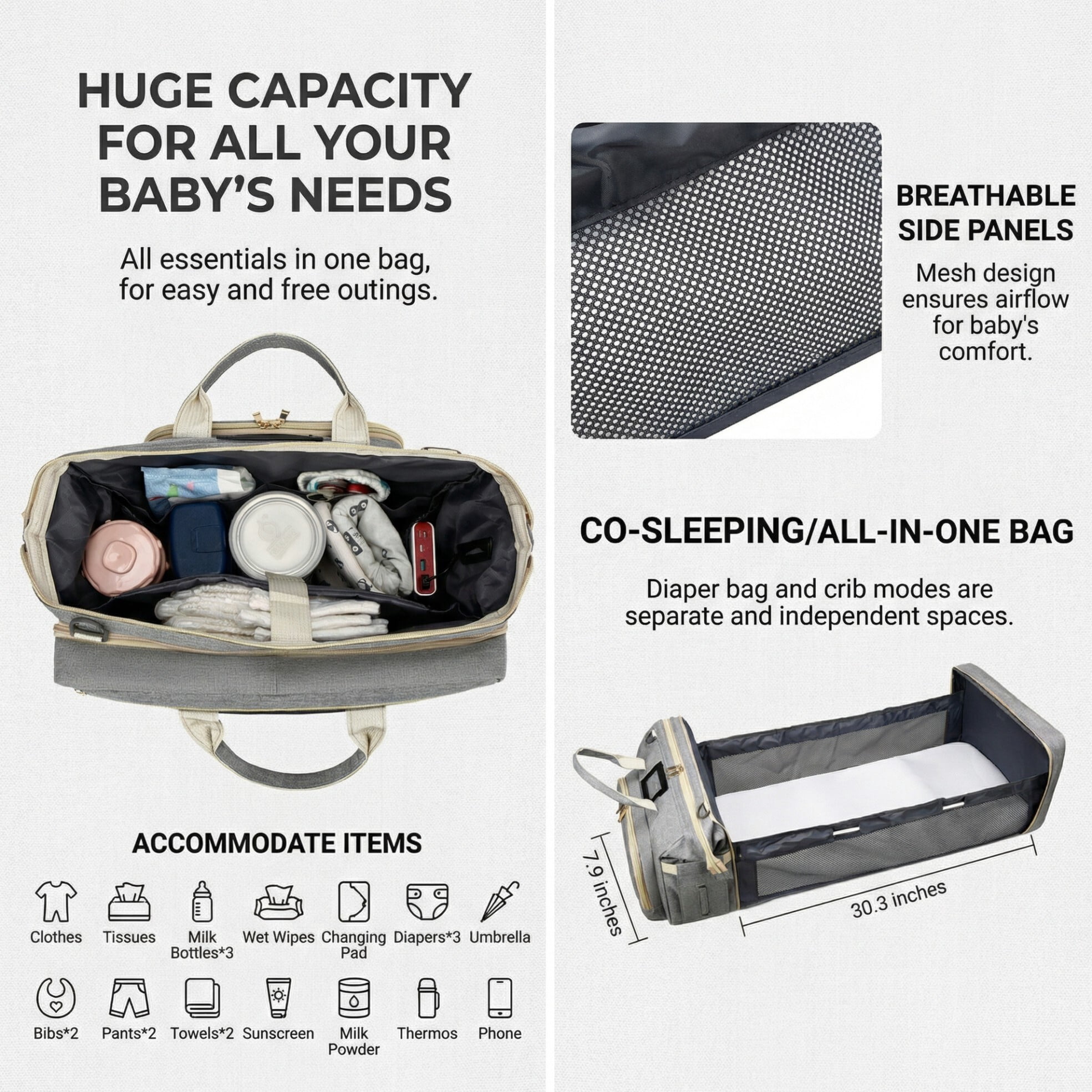 Diaper changing bag, multi-functional baby changing bag, includes insulated bottle holder, essential for baby travel, large capacity travel backpack with USB charging port and stroller strap (gray).