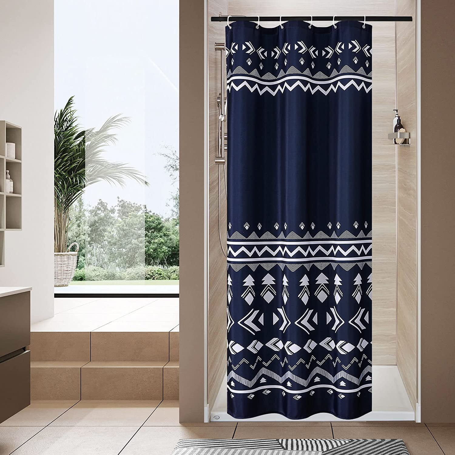 Navy Boho Small Stall Shower Curtain 36 x 72, Blue Half Size Shower Curtain Set, Modern Narrow