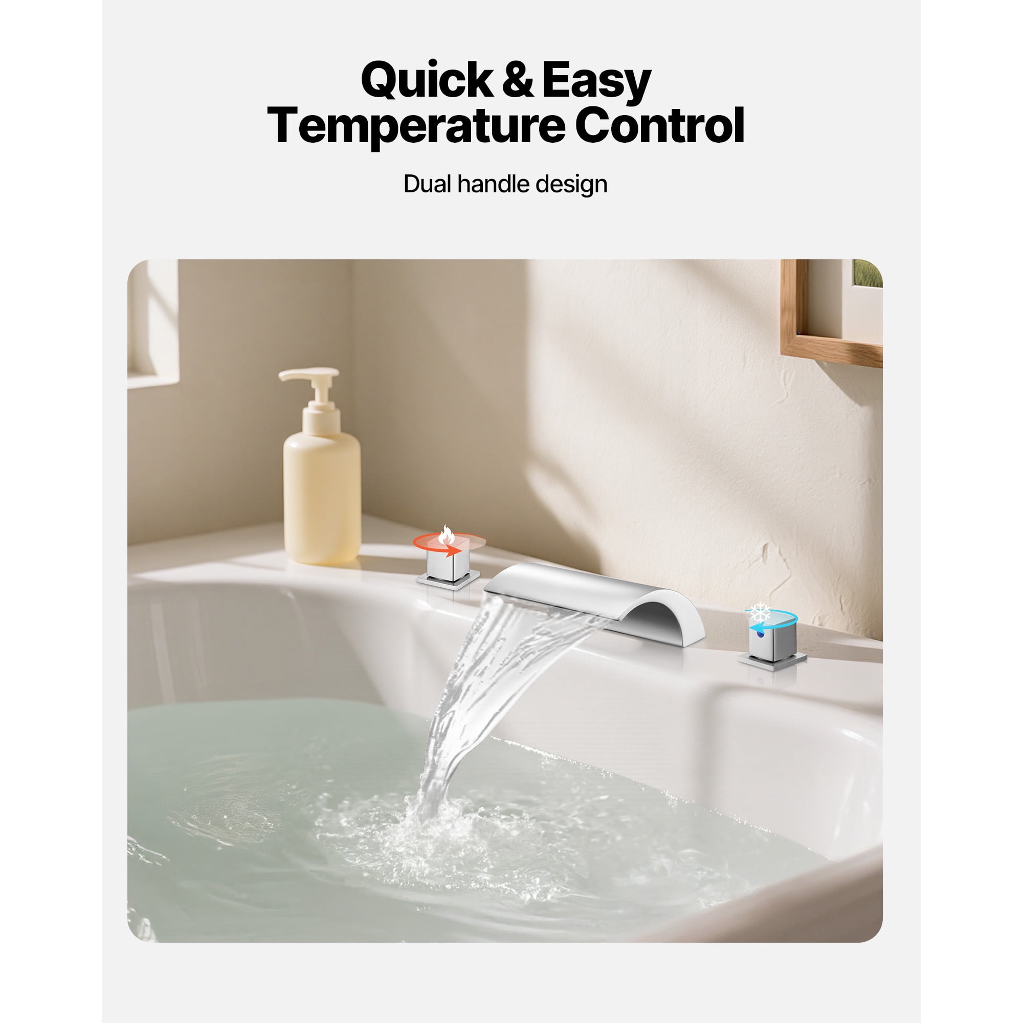 KFFKFF Roman Tub Faucet, 3-Hole Waterfall Bathtub Fixture, Bath Tub Faucet Set with Dual Handles, Deck-Mounted Bath Tub Fixture for Comfortable Bathing, Silver Finish, Cascading Spout Design