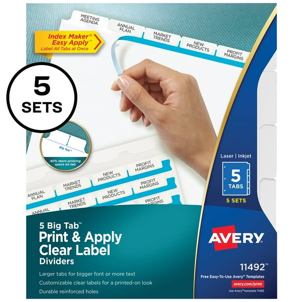 Avery 5 Big Tab Binder Dividers, Easy Print & Apply Clear Label Strip, Index Maker, White Tabs