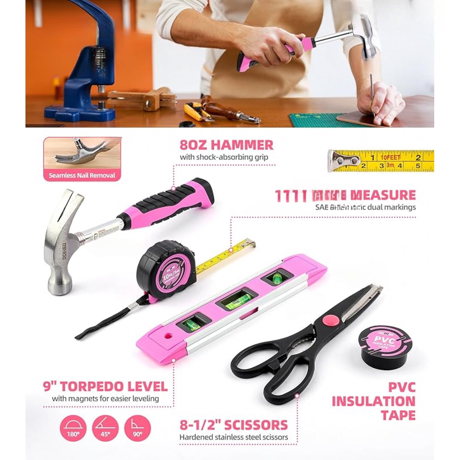 147 Pcs Pink Tool Kit with 12V Cordless Drill with 3/8" Keyless Chuck for Women, Home, Men, Built-in LED, Type-C Charge Cable