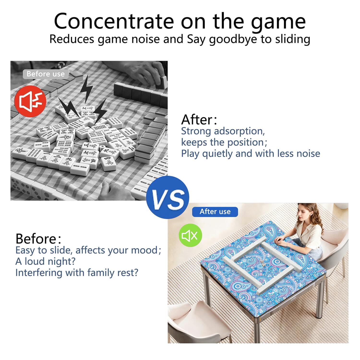 Traditional Boho Style Rubber Game Room Cover 31.5 Inch Square Large Mahjong Table Mat with Non-Slip Backing and Noise Dampening for Tiles and Cards