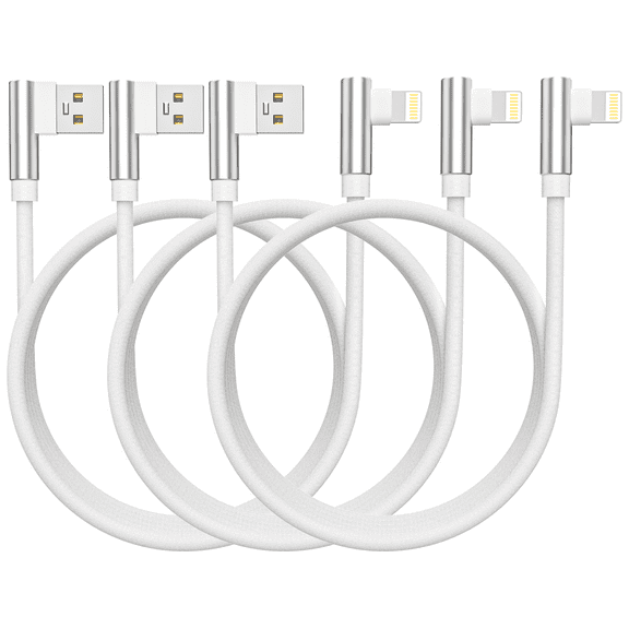 6FT Phone Charger Cable, 3-Pack 90 Degree Right Angled Data Line USB Chargers Ultra Gaming Angle Cord Compatible with iPhone 5/6/7/8/X, iPad and iPod- Silver