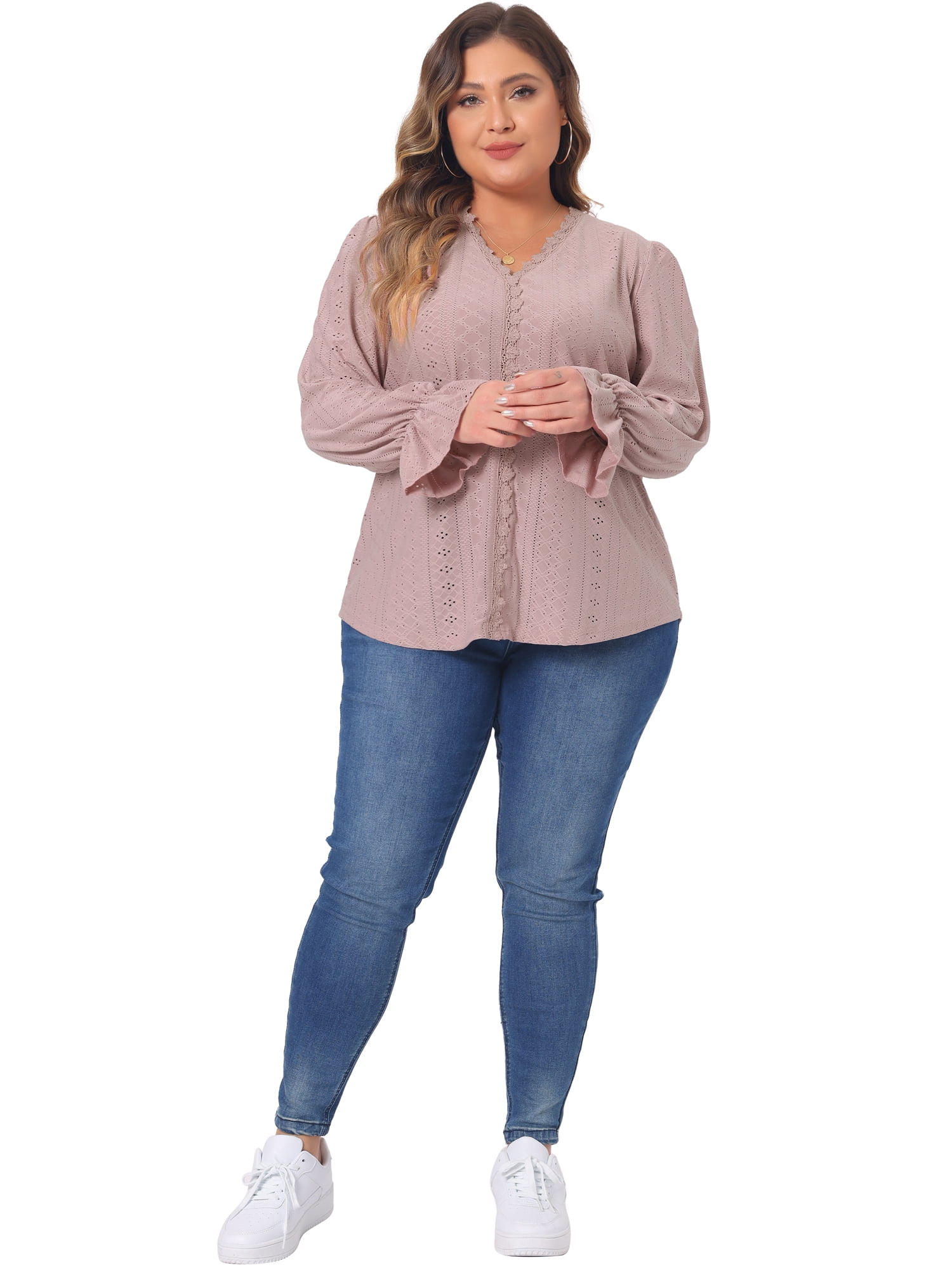 DARING DIVA Women's Plus V Neck Ruffle Long Sleeve Lace Crochet Casual Blouse 3X Pink