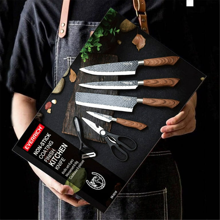  Carbon Knife Set with Block – 6-Piece Never-Dull Kitchen Knife  Set – Meat, Veggie, Bread Knife Set – Nonstick Chef Knife Cooking Knives  for Kitchen – Precise-Slice Carbon Steel by Chef