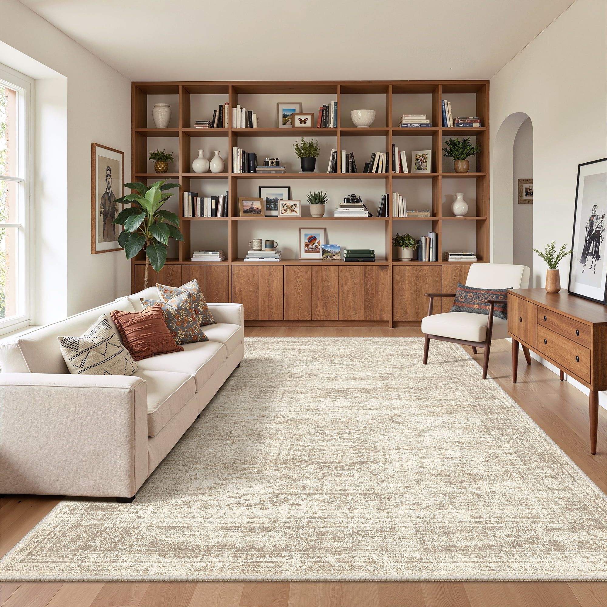 Roxstand Washable Rugs 6x9, Vintage Distressed Area Rugs for Living Room, Non Slip Accent Bedroom Rug (6'x9', Beige)